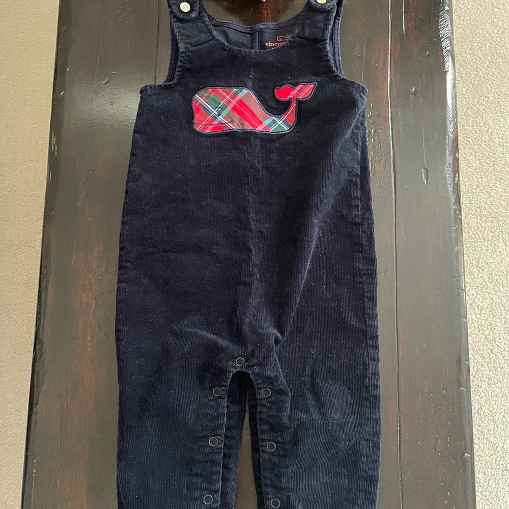 Vineyard Vines Navy Corduroy Overalls with Tartan Whale